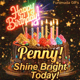 Yellow script spelling the name Penny! on a classic chocolate cake under warm glowing candles and falling gold stars.
