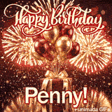 Bold white script spelling the name Penny on a red and gold gift card under exploding golden fireworks.