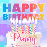 A vibrant animated name GIF with the words 'Happy Birthday Penny' with colorful candles on a creamy cake. The background sparkles with pastel shades, adding a festive touch.