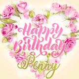A stunning heart made of pink roses surrounds the elegant script text 'Happy Birthday Penny' on a soft beige background. Animated sparkles add a magical and festive feel.