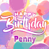 A vibrant name GIF featuring colorful balloons in shades of pink, orange, and yellow with the bold text 'Happy Birthday Penny' in festive fonts, creating a lively birthday vibe.