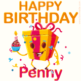 A vibrant and funny gift box character with a happy face dancing with a cupcake and the text 'Happy Birthday Penny,' surrounded by animated confetti and party vibes.