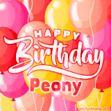 A vibrant name GIF featuring colorful balloons in shades of pink, orange, and yellow with the bold text 'Happy Birthday Peony' in festive fonts, creating a lively birthday vibe.