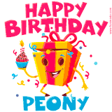 A vibrant and funny gift box character with a happy face dancing with a cupcake and the text 'Happy Birthday Peony,' surrounded by animated confetti and party vibes.