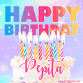 Animated Happy Birthday Cake with Name Pepita and Burning Candles