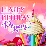 A vibrant birthday GIF featuring a rainbow-colored cupcake topped with white frosting, sprinkles, and a lit candle. The text reads 'Happy Birthday Pepper' in bold pink and violet letters with white outline.