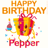 A vibrant and funny gift box character with a happy face dancing with a cupcake and the text 'Happy Birthday Pepper,' surrounded by animated confetti and party vibes.