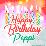 Bright birthday candles with rainbow flames on a cake, alongside the text 'Happy Birthday Peppi' in vibrant script in this celebratory animated GIF.