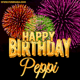 A golden 'Happy Birthday Peppi' message with vibrant fireworks in the background, creating a festive and celebratory vibe in this animated name GIF.
