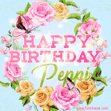 A charming animated GIF featuring 'Happy Birthday Peppi' in pink and green text, surrounded by delicate roses, leaves, and fluttering butterflies on a soft light blue pastel background.