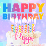 A vibrant animated name GIF with the words 'Happy Birthday Peppi' with colorful candles on a creamy cake. The background sparkles with pastel shades, adding a festive touch.