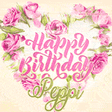 A stunning heart made of pink roses surrounds the elegant script text 'Happy Birthday Peppi' on a soft beige background. Animated sparkles add a magical and festive feel.