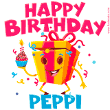 A vibrant and funny gift box character with a happy face dancing with a cupcake and the text 'Happy Birthday Peppi,' surrounded by animated confetti and party vibes.