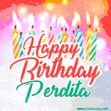 Bright birthday candles with rainbow flames on a cake, alongside the text 'Happy Birthday Perdita' in vibrant script in this celebratory animated GIF.