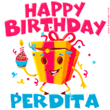 A vibrant and funny gift box character with a happy face dancing with a cupcake and the text 'Happy Birthday Perdita,' surrounded by animated confetti and party vibes.