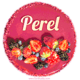 Beautifully decorated red velvet berry birthday cake with vibrant fruits and a glowing 'Perel' name, adding a touch of sweetness and sparkle.