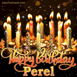A glowing personalized birthday GIF with name Perel featuring lit candles with intricate designs, warm lighting, and the text 'Happy Birthday' in an elegant font.