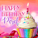 A vibrant birthday GIF featuring a rainbow-colored cupcake topped with white frosting, sprinkles, and a lit candle. The text reads 'Happy Birthday Perel' in bold pink and violet letters with white outline.