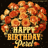 Animated bouquet of orange roses with moving butterfles and golden 'Happy Birthday Perel' text, surrounded by sparkling accents and a dark backdrop for a luxurious feel.