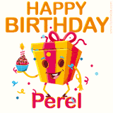 A vibrant and funny gift box character with a happy face dancing with a cupcake and the text 'Happy Birthday Perel,' surrounded by animated confetti and party vibes.