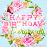 A charming animated GIF featuring 'Happy Birthday Pergrouhi' in pink and green text, surrounded by delicate roses, leaves, and fluttering butterflies on a soft light blue pastel background.