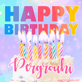 A vibrant animated name GIF with the words 'Happy Birthday Pergrouhi' with colorful candles on a creamy cake. The background sparkles with pastel shades, adding a festive touch.