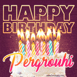 A colorful birthday cake topped with lit candles, with the words 'Happy Birthday Pergrouhi' in bold glowing letters on a burgundy background. Animated flames add a festive touch.