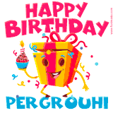 A vibrant and funny gift box character with a happy face dancing with a cupcake and the text 'Happy Birthday Pergrouhi,' surrounded by animated confetti and party vibes.
