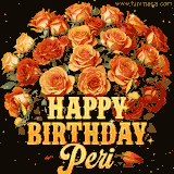 Animated bouquet of orange roses with moving butterfles and golden 'Happy Birthday Peri' text, surrounded by sparkling accents and a dark backdrop for a luxurious feel.