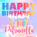 Animated Happy Birthday Cake with Name Petranella and Burning Candles
