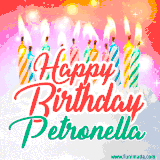 Bright birthday candles with rainbow flames on a cake, alongside the text 'Happy Birthday Petronella' in vibrant script in this celebratory animated GIF.