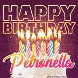 A colorful birthday cake topped with lit candles, with the words 'Happy Birthday Petronella' in bold glowing letters on a burgundy background. Animated flames add a festive touch.