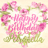 A stunning heart made of pink roses surrounds the elegant script text 'Happy Birthday Petronella' on a soft beige background. Animated sparkles add a magical and festive feel.