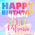 Animated Happy Birthday Cake with Name Petronia and Burning Candles