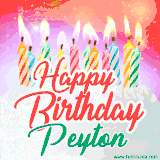 Bright birthday candles with rainbow flames on a cake, alongside the text 'Happy Birthday Peyton' in vibrant script in this celebratory animated GIF.
