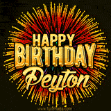Golden 'Happy Birthday Peyton' text accompanied by animated rainbow fireworks for a festive animated greeting.