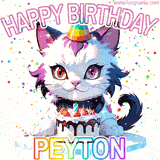 Adorable party-themed animated cat next to a lit birthday cake with text that says 'Happy Birthday Peyton,' surrounded by colorful decorations and sparkles.