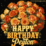 Animated bouquet of orange roses with moving butterfles and golden 'Happy Birthday Peyton' text, surrounded by sparkling accents and a dark backdrop for a luxurious feel.
