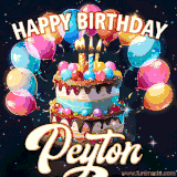 Bright birthday animation for Peyton with a chocolate cake, candles, balloons, and glowing celebratory lights.