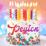 A cheerful white birthday cake with multicolor sprinkles, lit candles, and 'Peyton' written in vibrant letters, in an animated GIF.