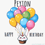 An adorable and cute cupcake with a smiley face and moving colorful balloons create a joyful birthday greeting for Peyton in this cheerful animated greeting E-card.