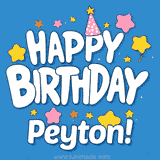 Colorful animated birthday card with the text 'HAPPY BIRTHDAY Peyton!' in a white playful font surrounded by stars, hearts, and a party hat on a blue background.