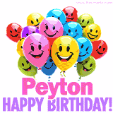 Animated colorful and joyful birthday balloons with cheerful smiles and a bright 'Happy Birthday Peyton!' message in pink and purple.