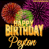 A golden 'Happy Birthday Peyton' message with vibrant fireworks in the background, creating a festive and celebratory vibe in this animated name GIF.