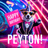 Animated GIF of a cool dog wearing a suit and sunglasses, holding a 'Happy Birthday' sign for Peyton, set against a bright and colorful neon party background.