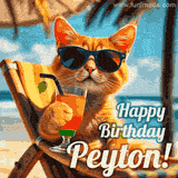 An animated orange cat wearing sunglasses, sitting on a beach chair with a tropical drink, with a festive 'Happy Birthday Peyton!' message.