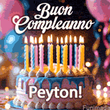 Birthday cake topped with pink and yellow lit candles, surrounded by glowing bokeh lights and party balloons. The greeting 'Buon Compleanno Peyton GIF!' is displayed.