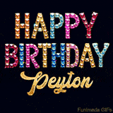 Vibrant luxury birthday greeting card for Peyton, showing glittering gemstone letters and golden calligraphy on a dark background with twinkling shine effects.