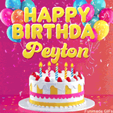 Pink-themed animated greeting with balloons, confetti, and a frosted cake under the message 'Happy Birthday Peyton' in bold rounded yellow font.