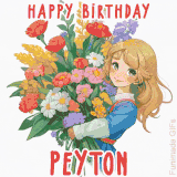 Bright floral birthday animation for Peyton showing a cute cartoon girl with golden hair and expressive eyes holding a huge bouquet, surrounded by birthday text.